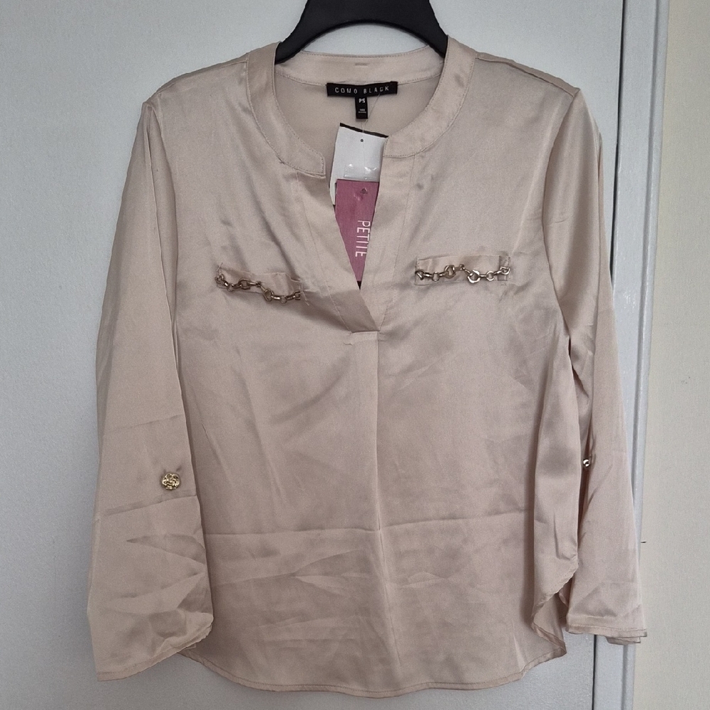 Como Black Women's Petite Silky Satin Tan Blouse V-neck Size PS